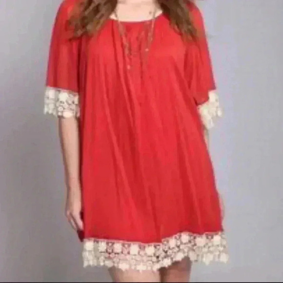 Umgee Red Crochet Trim Dress Size Large - Picture 2 of 5